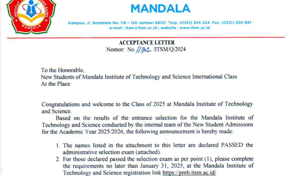 Letter of Acceptance International Students 2024 – Timor Leste’s