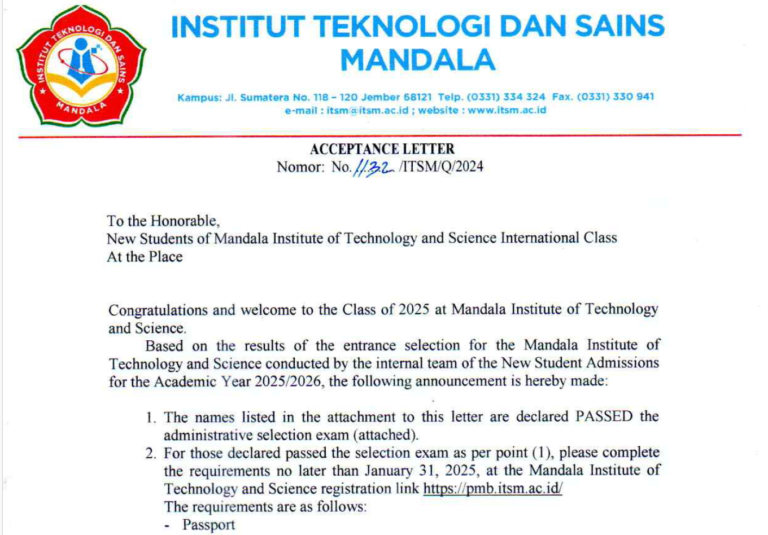 Letter of Acceptance International Students 2024 – Timor Leste’s